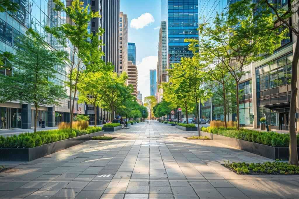 ruas arborizadas representando o walkability